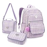 Kit Mochila Escolar com Estojo Box e Lancheira Térmica Lilás Colorido Material Pompom Fofo Aula