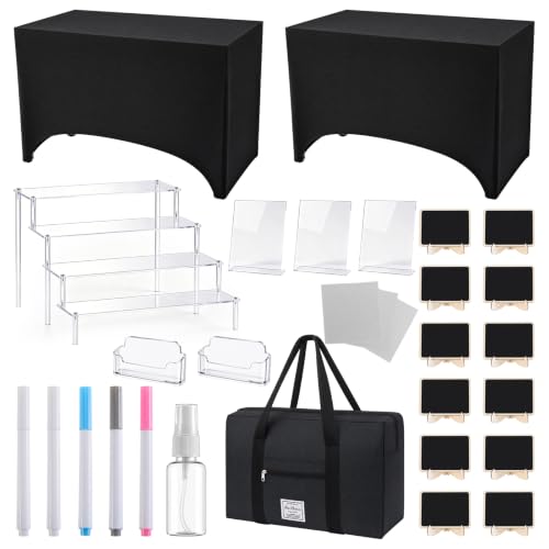 Flutesan 30 Pcs Vendor Booth Display Kit for 6 ft Table, Pop up Market Supplies Set with Table Covers, Acrylic Sign Holders, Display Riser, Mini Chalkboard Signs, Markers Storage Bag for Craft Fair