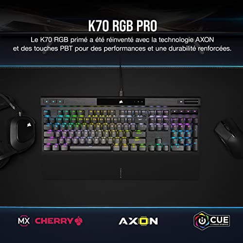 Corsair K70 RGB PRO Clavier Gaming Mécanique Filaire (CHERRY MX RGB Speed Switchs, Taux d’interrogation de 8,000Hz, Touches PRO PBT à Double Injection, Repose-Poignet Doux) AZERTY, FR - Noir