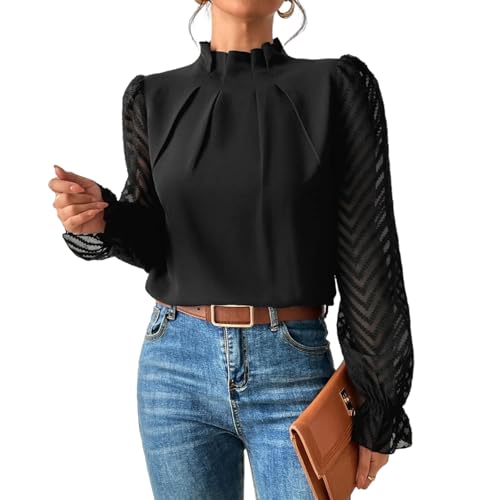 Nbzsmlkn Elegant Blouse,Womens Mock Neck Pleated Blouses Tops Mesh Sleeve Flounce Long Sleeve Casual Loose Fitted Solid Color Office Dressy Blouses (Black,M)