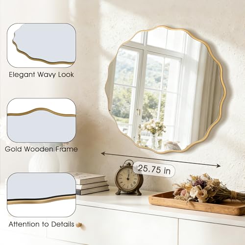 Image of Gold Round Wavy 26 inch Scalloped Farmhouse Nursery Wall Decor Mirror