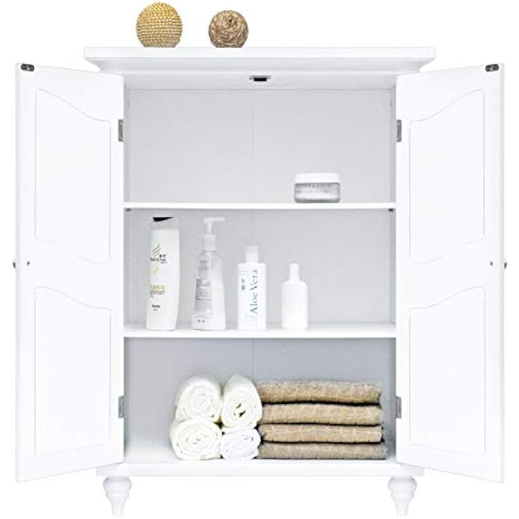 Teamson Home Versailles Wooden Freestanding Floor Storage Cabinet with 2 Adjustable Interior Shelves 3 Storage Spaces and 2 Floral Scroll Doors, White