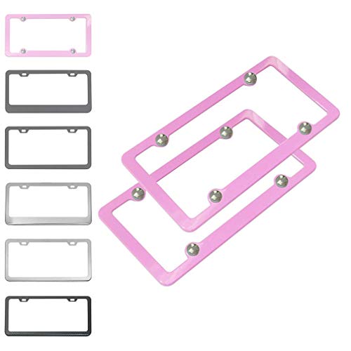 Ibetter 2 Pack Premium UV Resistant License Plate Frame, Slim Style Aluminum Metal Cute License Plate Holder Cover Pink Red for Women and Men (Pink Red 4 Holes)