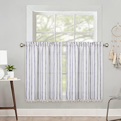 LuxFocus Scheibengardinen mit Quaste Kurzstores Landhausstil Gestreifte Gardinen Bistrogardine Transparent Leinenoptik Fenstervorhang Tunnelzug für Küche Blau 2 Stück, BxH 66x61 cm Cover
