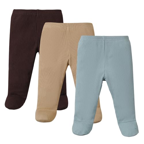 Image of SOBOWO Newborn Baby Boy Girl 3 Pack Solid Ribbed Pull On Footie Pants Bottoms Trouser Crawling Pants 0-9 Months