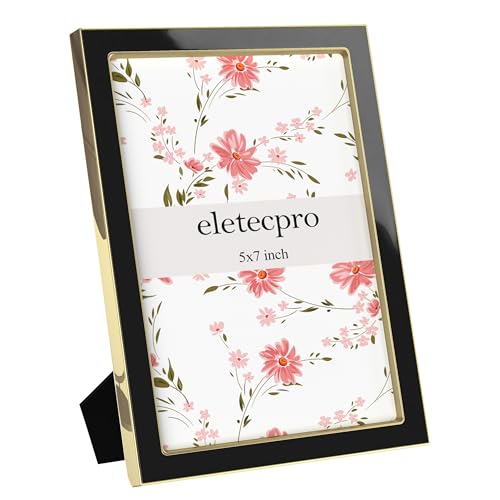 Image of eletecpro 5x7 Enamel Picture Frame with Real Glass Cover, Cute Photo Frame with Gold Metal Edge, Horizontal and Vertical Display Pictures 5 by 7 for Tabletop and Wall Decor, Black, 1 Pack