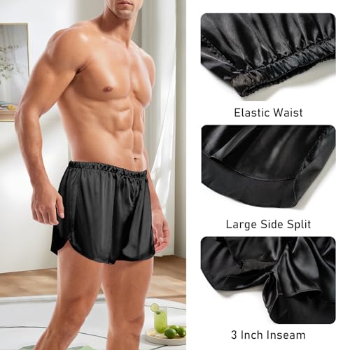 Mens Satin Boxers 3 Inch Inseam Silk Shorts Sexy Underwear Pajama Bottoms Large Split Sides4