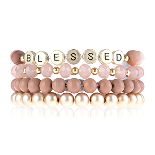 Riah Fashion Inspirational Lettering Beaded Stretch Bracelet - Religious Christian Cross Strand Natural Stone, Sparkly Crystal Prayer Cuff Bangle (Lettering Stone & Wood Mix - Blessed/Peach) #TOP24