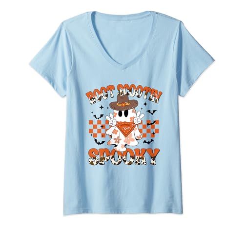 Mujer Bota Scootin Spooky Cowboy Ghost Retro Western Halloween Camiseta Cuello V