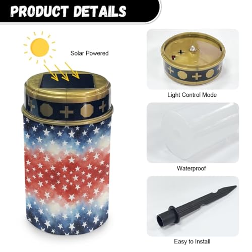 Image of Poceacles Star Pattern Red White Blue Flameless Candle Solar Powered Grave Outdoor Lights Cemetery Candle Flameless Fake LED Pillar Lights for 250th 4th of July Independence Day Decor, 6 Pcs
