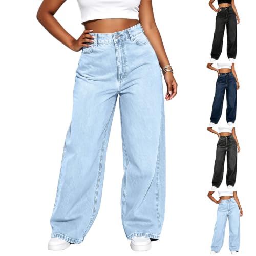 Loinjsnktng High Rise Wide Leg Jeans Women Baggy Long Button Up Denim Pants Trendy Boyfriend Casual Loose Straight Leg Jeans Light Blue - image 1