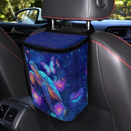 Image of Talayituse Daisy Turtle Butterfly Print Car Trash Bin, Large Size Auto Trash Can Adjustable Portable Garbage Can with Lid, Vehicle Hanging Bag for Headrest Front Back Seat