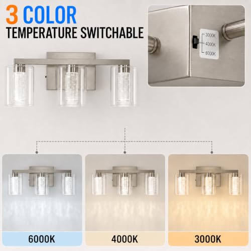 Image of LED Vanity Lights for Bathroom,3 Light Electroplated Nickel Bathroom Light Fixtures Over Mirror,3 Color Lighting with Crystal Bubble Glass&Clear Glass Shade,Modern Vanity Light for Bathroom