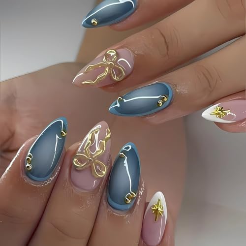 3D Gold Bow Press on Nails Glossy Blue Fake Nails Medium Almond F...