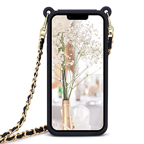LUVI Compatible with iPhone 15 Pro Max Wallet Case with Neck Strap Lanyard Credit Card Holder Purse Handbag Girls Silicone Rubber Soft Fashion Unique Protection Shockproof Cover for Women Girls Black