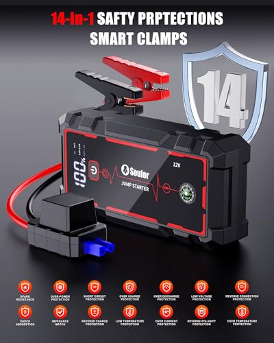 Image of 5000A Jump Starter Car Jumper Starter Portable Battery Booster Pack Jump Box with LED Display, LED Light and Jumper Cables(10.0L Gas and 10.0L Diesel)