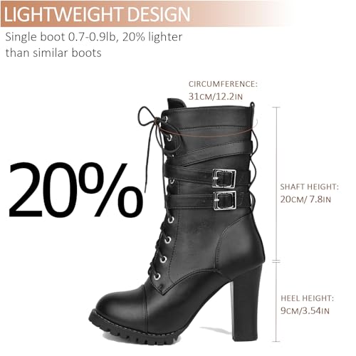 Caradise Womens Mid Calf Boots Lace Up Goth Chunky Heel Combat Boots with Buckles4