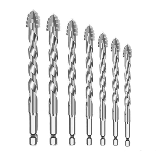 Image of Serplex 7Pcs Alloy Steel Carbide Drill Bits for Ceramic Tiles, Ceramic, Glass, Marble, Concrete, 3 /4 /5 /6 /8 /10 /12mm High Impact 4-Edge Sawtooth Hex Shank Hole Opener Power Drill Bit Set