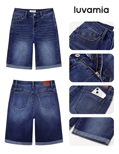 Image of luvamia Bermuda Jean Shorts Women High Rise Stretchy Cuffed Hem Denim Jorts