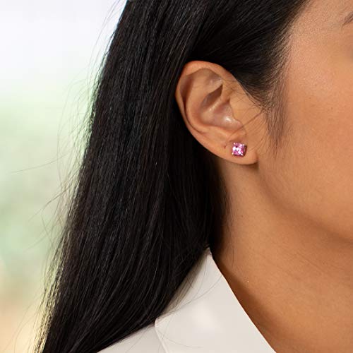 Peora Solid 14K Yellow Gold Created Pink Sapphire Stud Earrings for Women, Classic Solitaire, Hypoallergenic Cushion Cut 6mm, 2.50 Carats total, Friction Back, September Birthstone Earrings,2