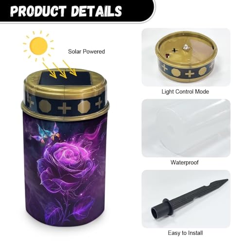 Image of Purple Rose Solar Lights for Grave Cemetery Decor 2 Pcs