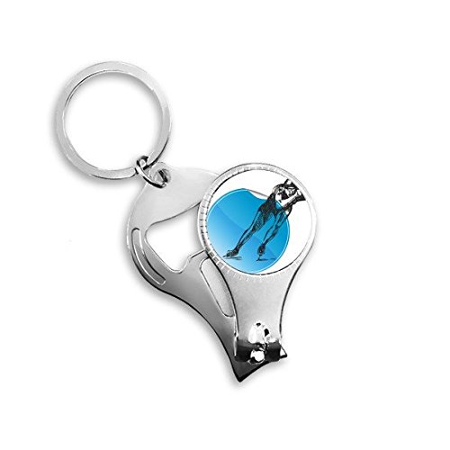 Porte-clés skating noir blanc bleu en métal avec coupe-ongles et décapsuleur intégré