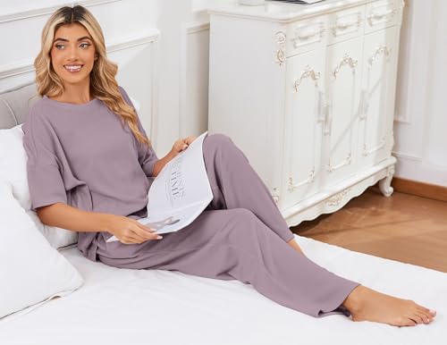 Image of JiniGolla Womens Pajama Sets Waffle Knit Short Sleeve Shirt with Long Pajama Pants Soft Sleepwear Pj Lounge Sets