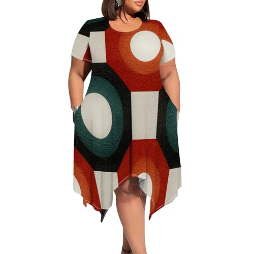 Image of Womens Summer Plus Size Crewneck Midi Dress Short Sleeve High Waist Dresses A Line Smocked Sundress with Pockets