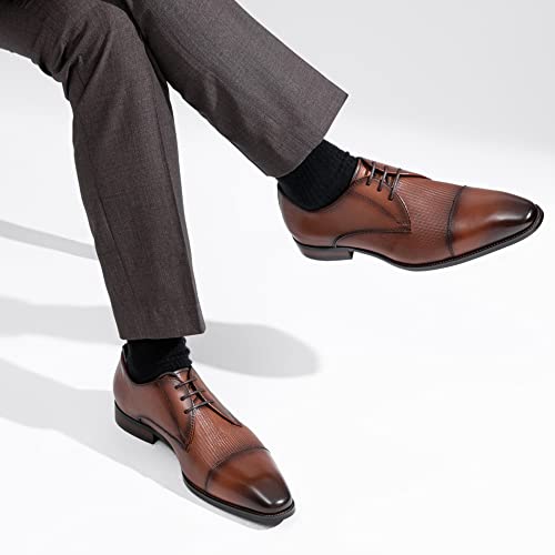 Jousen Leather Mens Dress Shoes Brown Italy Dress Shoes For Men Cap Toe Oxford Derby Shoes(Amy9026 Brown 11.5) #TOP4