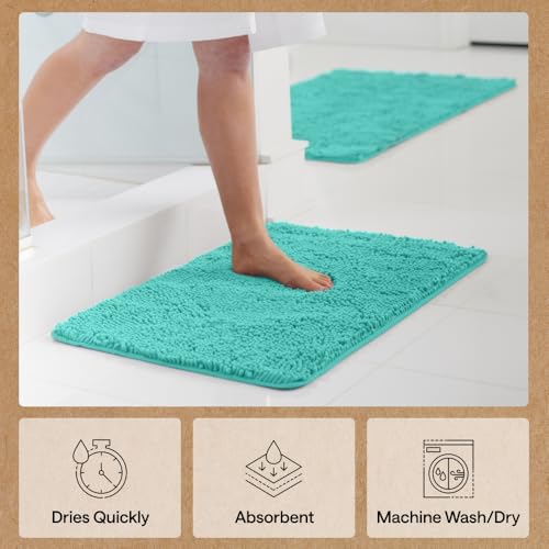 Image of Gorilla Grip Luxury Chenille Bathroom Rug Mat, 44x26, Extra Soft and Absorbent Large Shaggy Rugs, Machine Wash Dry, Perfect Plush Carpet Mats for Tub, Shower, and Bath Room, Turquoise
