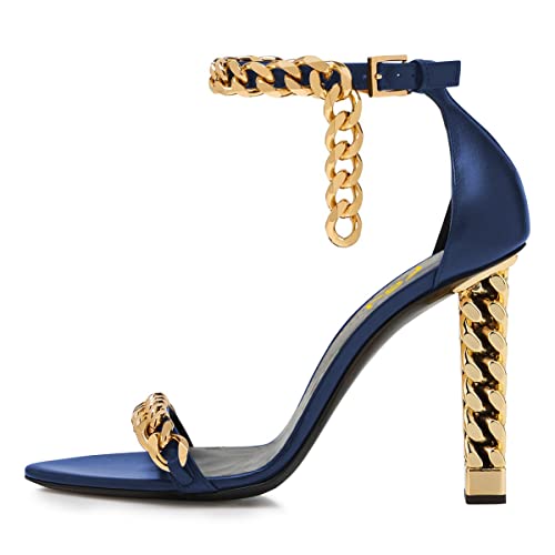 FSJ Women Sexy Golden Metal Chunky High Heel Chains Decor Open Toe Ankle Strap Party Prom Dressy Sandal Shoes Size 4-15 US2