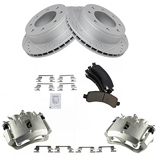 Image of TRQ Performance Rear Ceramic Pads Drilled Slotted Coated Rotors & Calipers Kit for Chevy Express GMC Savana Van