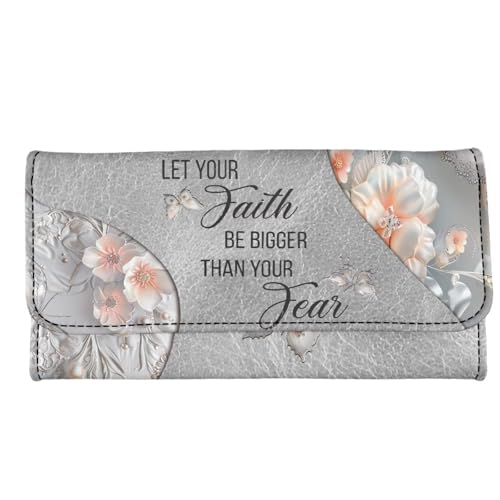 Butterfly Floral Women's Leather Trifold Wallet Grey Card Slots Card Holder, Lord Quotes Flowers Long Clutch Purse Checkbook Wallets for Ladies, Faith Bigger Than Fear4