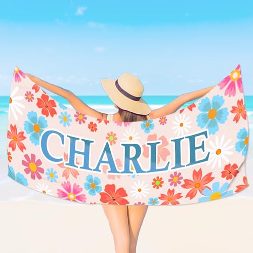 Ueedklaayy Personalized Beach Towels with Name for Adults & Kids, Custom Name Beach Towel for Girls Boys Men Women Oversized Beach Towels Summer Gifts (Colourful Floral)