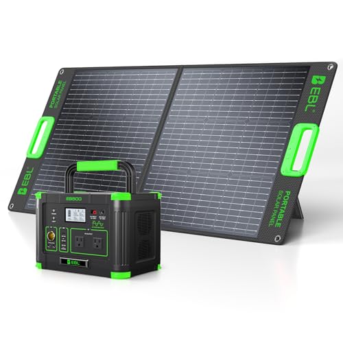EBL 500W Portable Power Station with 100W Portable Solar Panel 20V, Outdoor Solar Generator...