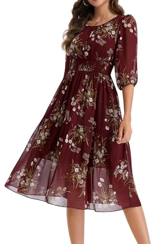 Image of Kormei Women Casual Boho Floral Round Neck 3 /4 Sleeve Smocked Waist Tiered A Line Flowy Swing Midi Dress Long Dresses