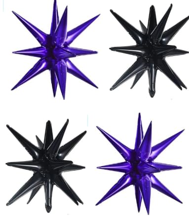 Image of TONIFUL 4 Pcs Explosion Star Balloons Black and Purple Foil Party Decor | Large Mylar Star Balloon for Halloween Party Decor Graduation Gothic Birthday Baby Shower Wedding Photo Booth Supplies