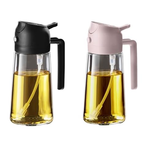 TrendPlain 16oz Olive Oil Dispenser Bottle for Kitchen - 2 in 1 Oil Dispenser and Oil Sprayer for Cooking, Air Fryer, Salad, 470ml Olive Oil Sprayer Black&Peach Cover