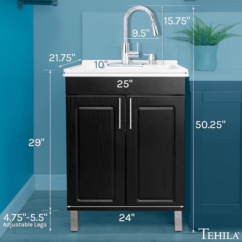 Image of Black Utility Sink Vanity Cabinet with White Laundry Tub by JS Jackson Supplies, Chrome High-Arc Pull-Down Sprayer Faucet for Laundry Room, Mudroom, Basement