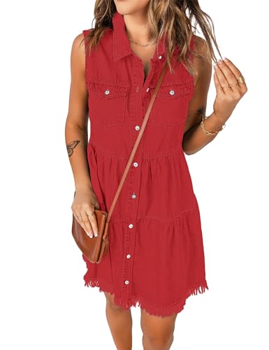 Image of luvamia Women's Casual Summer Lapel Sleeveless Button Down Short Denim Jean Dress