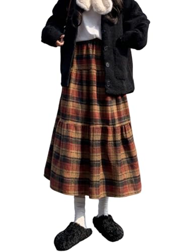 utcoco Women's Vintage Plaid Midi Skirt High Waist A Line Tiered Flared Patchwork Long Skirt for Fall & Winter