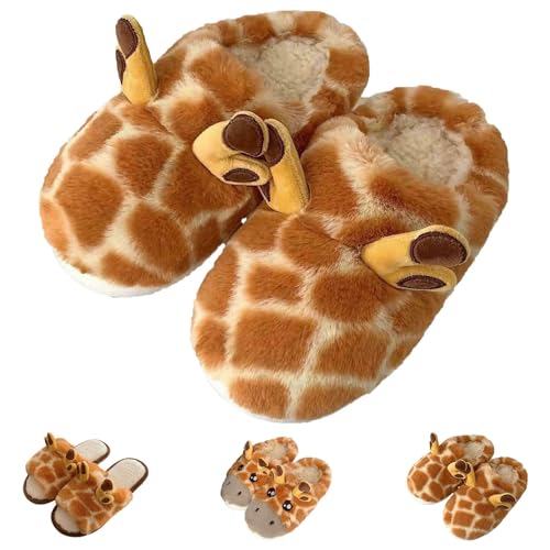 Kawaii Fuzzy Giraffe Slippers Cartoon Giraffe Cotton Slippers Cute Fluffy Giraffe Slippers Shoes for Adults Kids (8-9, Style B)