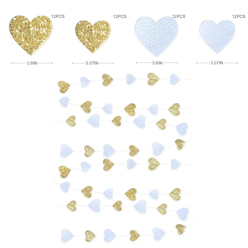 Image of Gold and White Heart Decorations Double Sided Sequin 3D Heart Hanging Wall Art Ornament Garland for Nursery Classroom Bedroom Valentines Day Holiday Christmas Weeding Anniversary Home Wall Decor