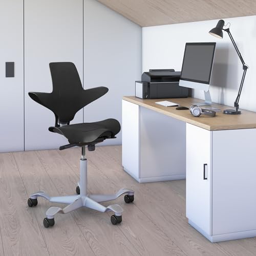 Image of HAG Capisco Puls Sit-Stand-Silver Base-Black Frame-Black Vinyl Pad