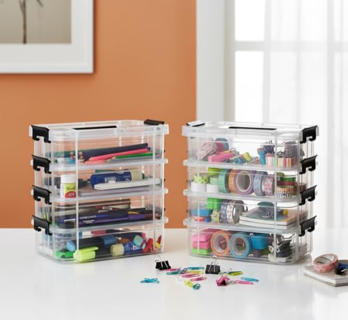 Image of Plastic Boxes for Storage Transparent Boxes, Portable & Stackable Space Saving Organiser with Lid for Medicine, Jewelry, Arts & Crafts, Buttons, Beads (Black, 4 Tier)
