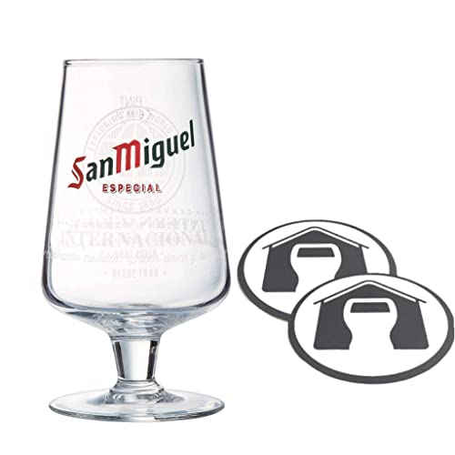 GarageBar | San Miguel Glass | Nucleated Stemmed Chalice Beer Glass | Official Merchandise | Comes with 2X Beer Drip Mats (1, Pint/20oz)