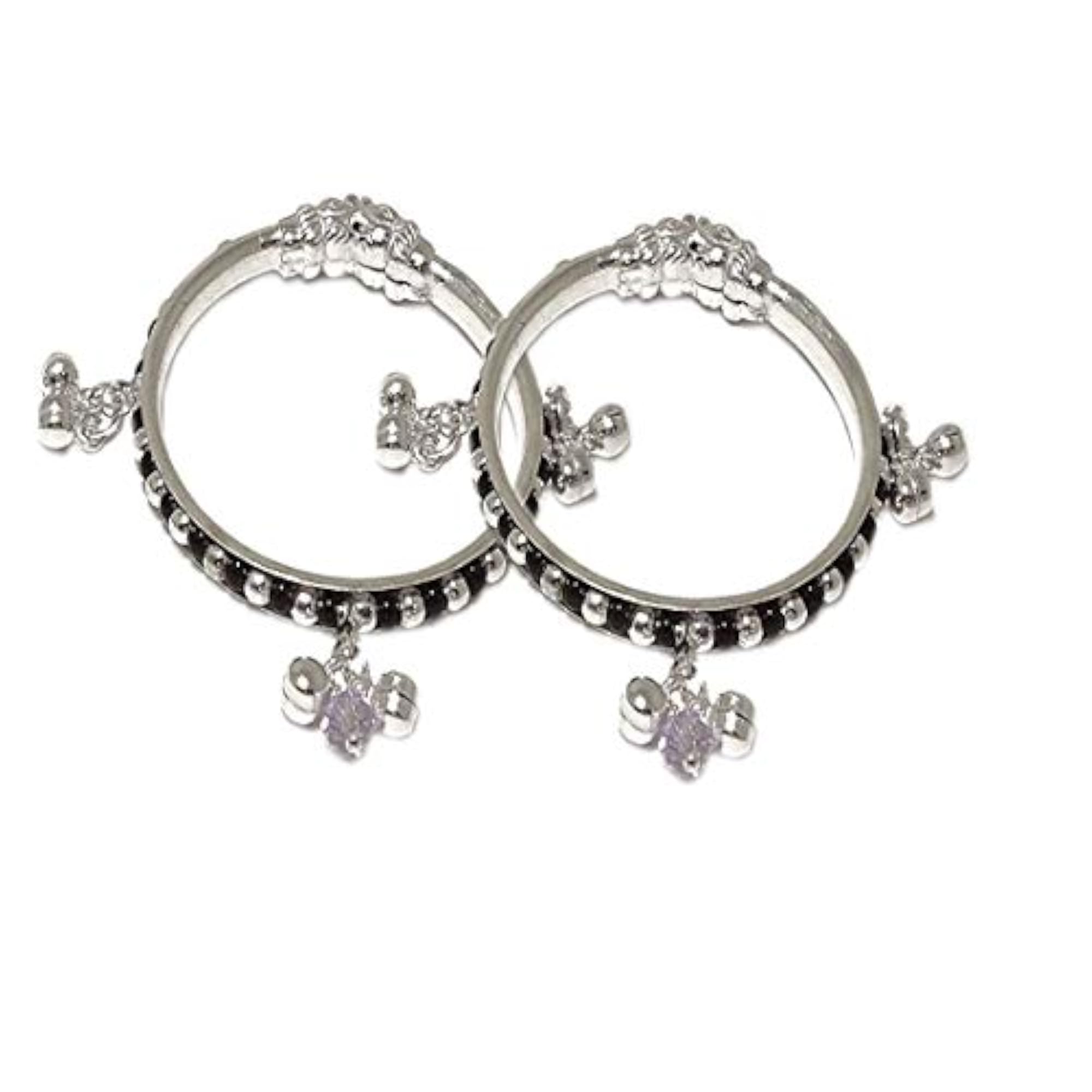 Exclusive Silver Baby Nazariya Kada Bangle Pair with Ghungroo & Black Beads