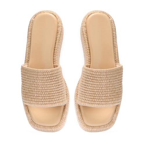 Image of Monrovia Platform Sandals Women Raffia Espadrille Slides, Woven Straw Flatform Beach Sandals Women, Slip On Summer Vacation Shoes, Comfortable Casual Daily Wear