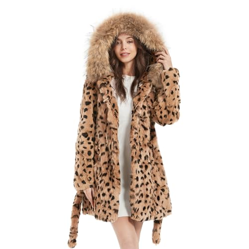 Women's Genuine Rabbit Fur Coat with Raccoon Fur Trim Hood Winter Jacket