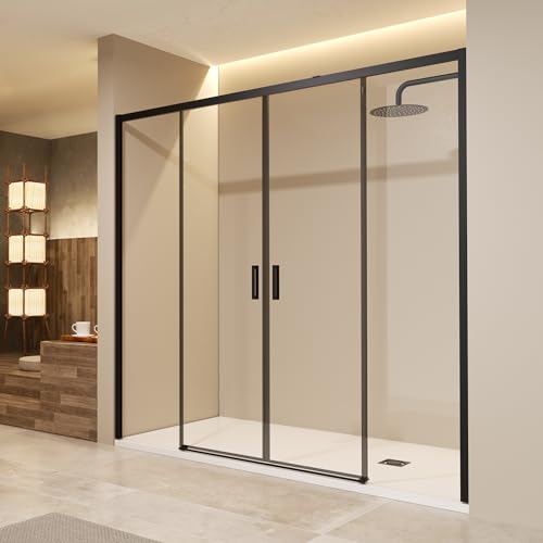 IMEX   Mampara Ducha Dos Puertas Negra Frontal 2 Fijas + 2 Correderas 145cm | Mampara de Cristal Reversible y Antical con Ancho Adaptable 141 a 146cm | Perfilería de Aluminio con 195cm de Altura